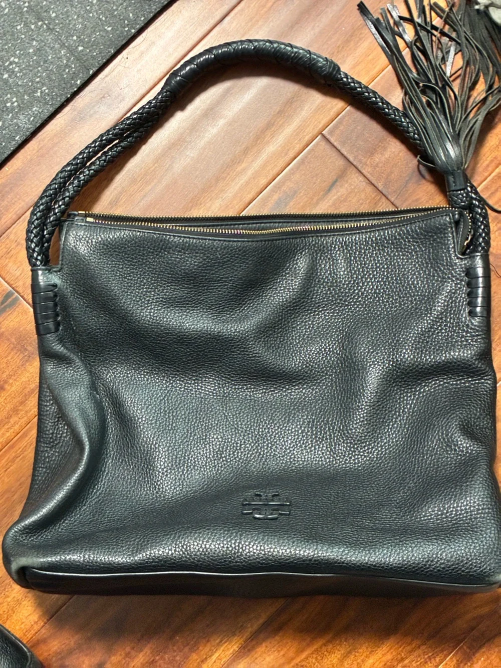 Tory Burch Black Braided-Handle Leather Shoulder Bag